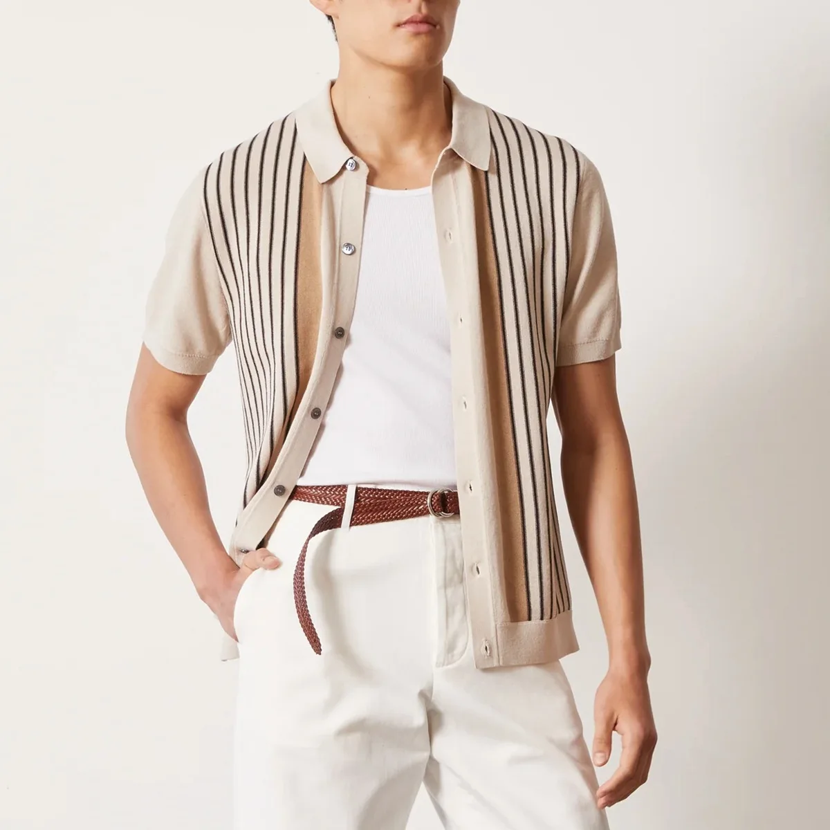 Summer New Fashion 2026 Men's Striped Short Sleeve Turn-down Collar Single-breasted Casual Trendy Knitted Shirts Male Clothes