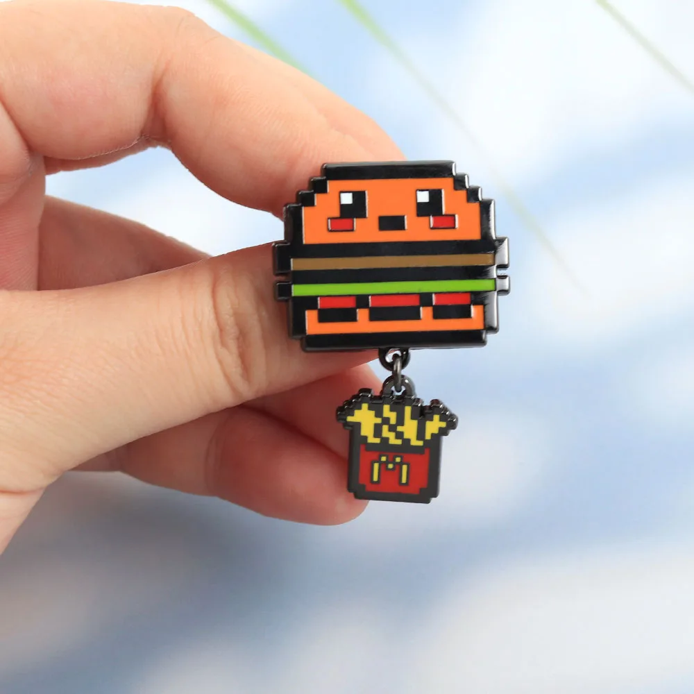 Lustige Pixel-Art Hamburger Emaille-Pins Kreative Niedliche Burger-Broschen mit Pommes Frites Retro-Essens-Abzeichen Rucksack-Anstecknadel – Detail 7
