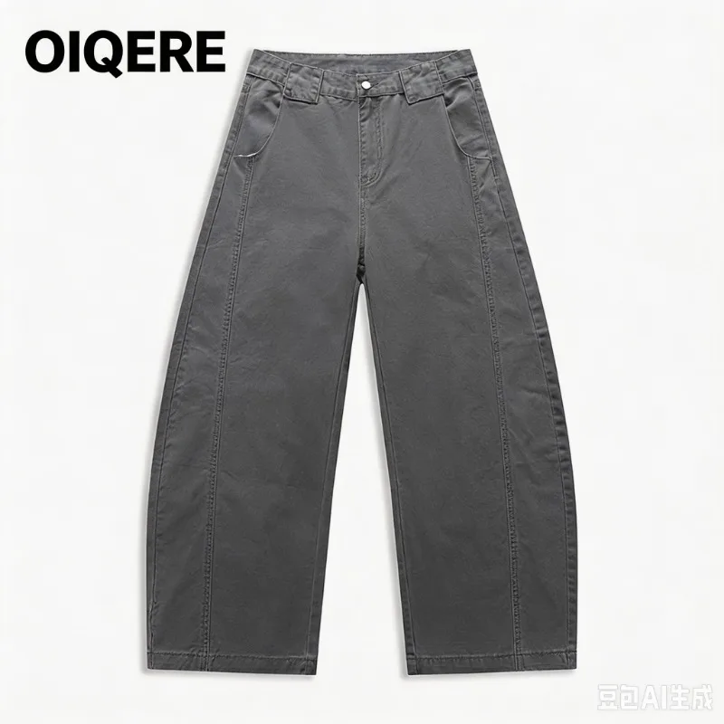 OIQERE Mens American Vintage Curved Jeans Loose Wide Leg Drape Three Dimensional Cut Casual Denim Trousers