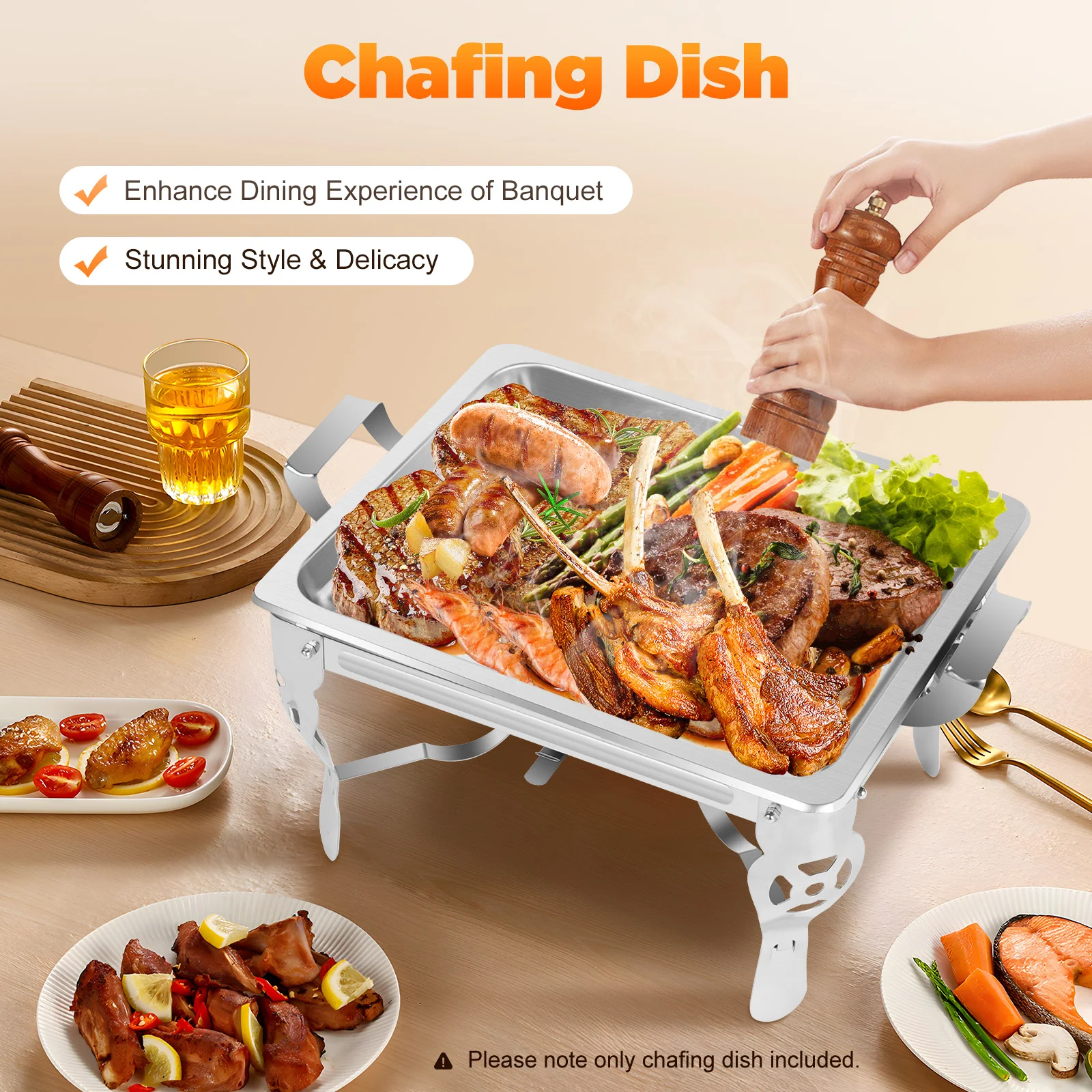 

6L Stainless Steel Chafing Dish with Lid, Silver Buffet Food Warmer with Retractable Handles, Alcohol Burner Heated Serving Tray