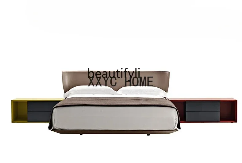 Italian Minimalist First Layer Cowhide Double Bed Designer Model Large Flat Layer Master Bedroom Marriage Bed Soft Bag