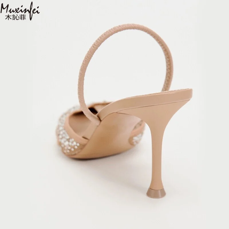 Frühlings-Damenschuhe, Aprikosenfarbene Mesh-Sandalen mit freiliegenden Absätzen, MÜLler-Schuhe, High Heels, Strass-Sandalen – Detail 6