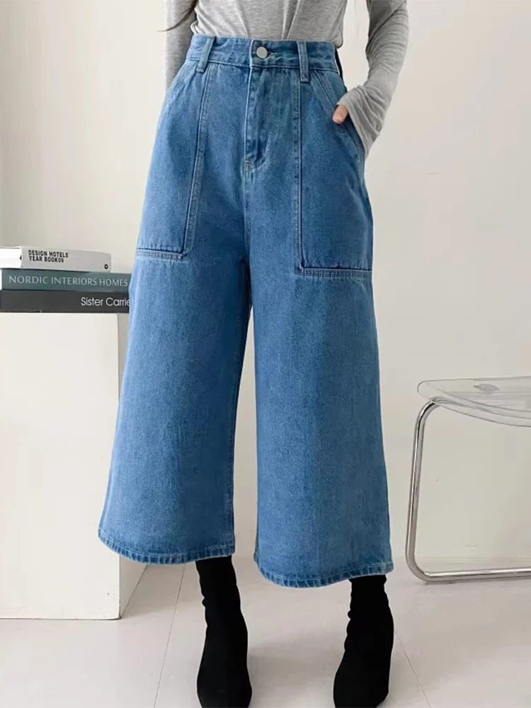 

SuperAen 2024 Korean Chic Summer New Vintage Big Pocket A-line High Waist Cropped Wide Leg Jeans