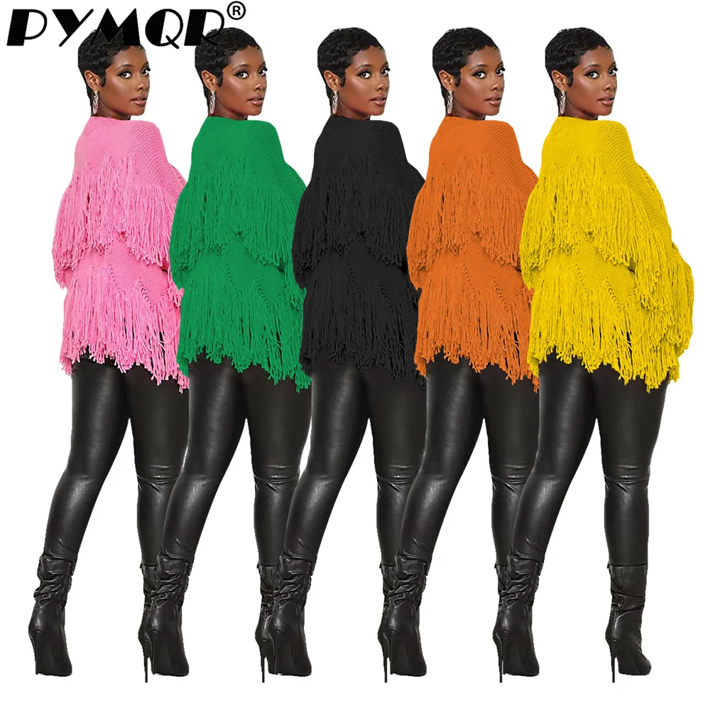 PYMQR New Solid Color Woolen Tassel Y2K Print Women Stretchy Cardican Top Coat 2023 Winter Streetwear Y2K Hip Hop Female Cloth