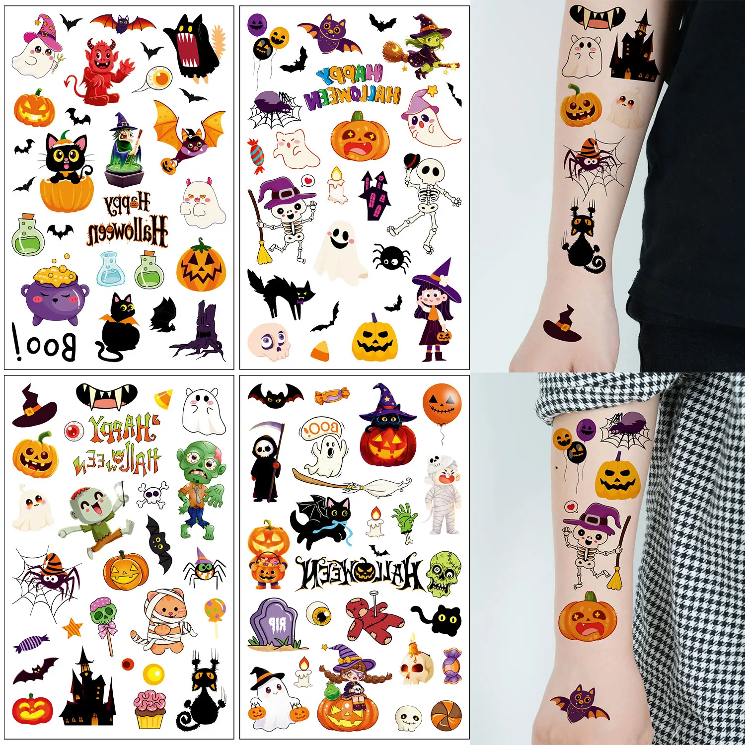 4 Sheets of Halloween Tattoo Stickers, 98 Cartoon-Themed Designs Including Pumpkins, Ghost Faces, Zombies, Skeletons, Black Cats, and Bats, Fun Temporary Tattoo Stickers for Artistic Dress-Up, Suitable as Halloween Party Favors