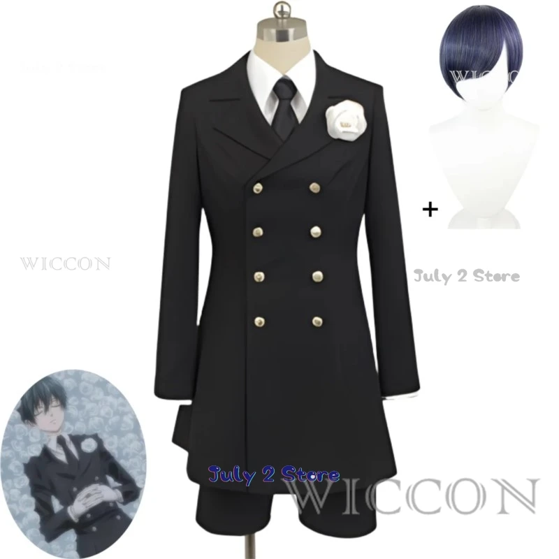 Anime Black Butler Ciel Phantomhive Smile Cosplay Costume Funeral Attire Black Coat Uniform Wig Tailcoat Man Woman Carnival Suit