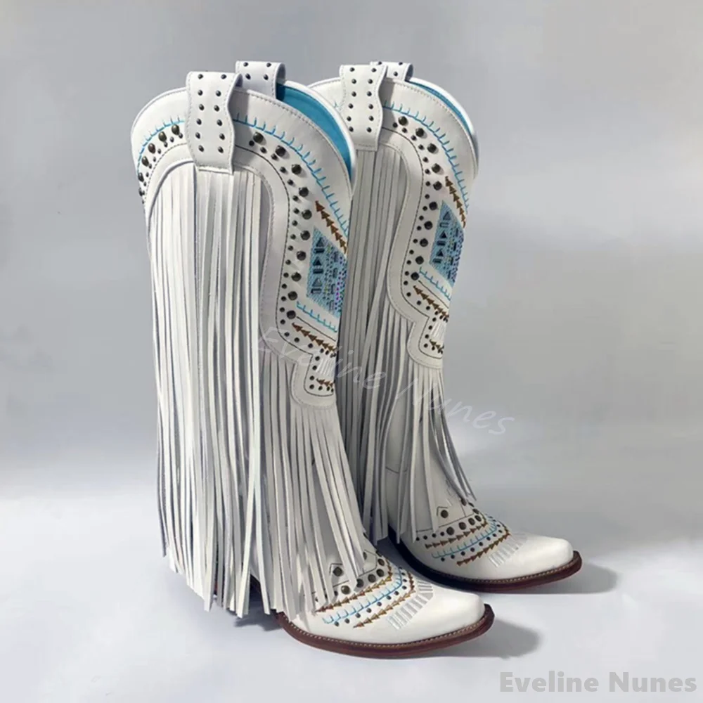 

Embroidery Rhinestone Fringe Retro Boots Women Pointed Toe Chunky Heel Mixed Colors Slip On Western Cowboy Boots New Trend Boots