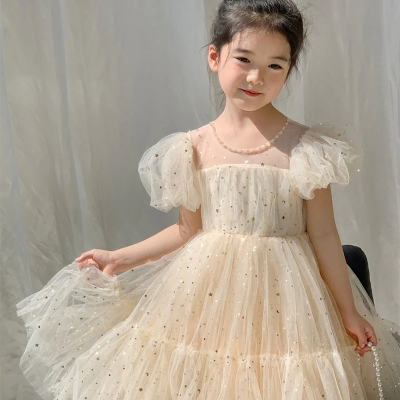 Summer Baby Girls Dresses Bubble Sleeve Mesh Skirt Big Bow Sequins Yarn Children\'s Princess Dress Costume Baby Girl Clothes 1-6Y