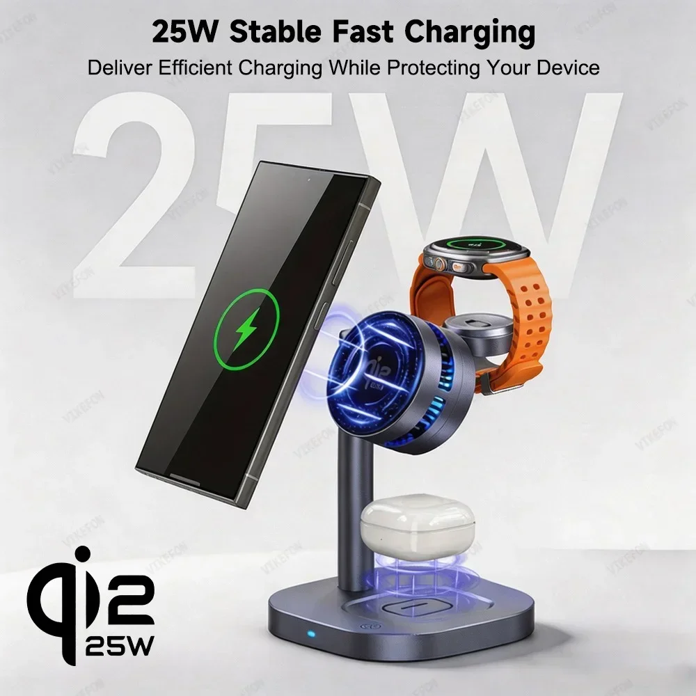 3 in 1 Qi2.2 25W TEC Magnetic Wireless Charger Station Closable Fan for Samsung S26 S25 Galaxy Watch 9/8/7/6/Active/Ultra 2 Buds