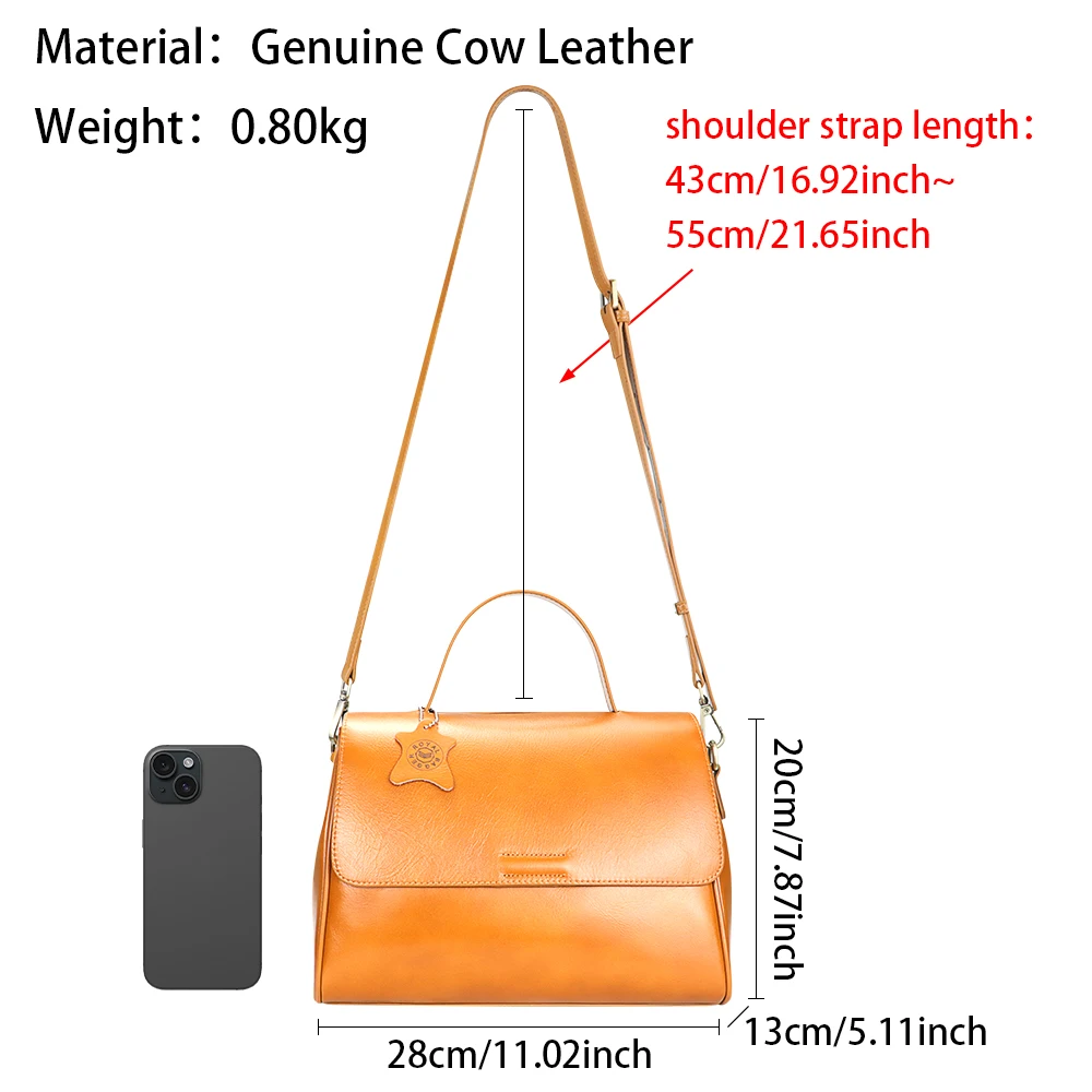 Royal Bagger Genuine Leather Women's Crossbody Bag, Fashion Vintage Large Capacity Handbags, with Two Shoulder Straps 1881