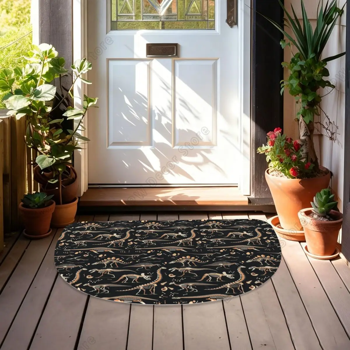Dinosaur Fossils Halloween Soft Flannel Half Round Doormat Non Slip Bathroom Mat Absorbent Floor Carpet for Garage