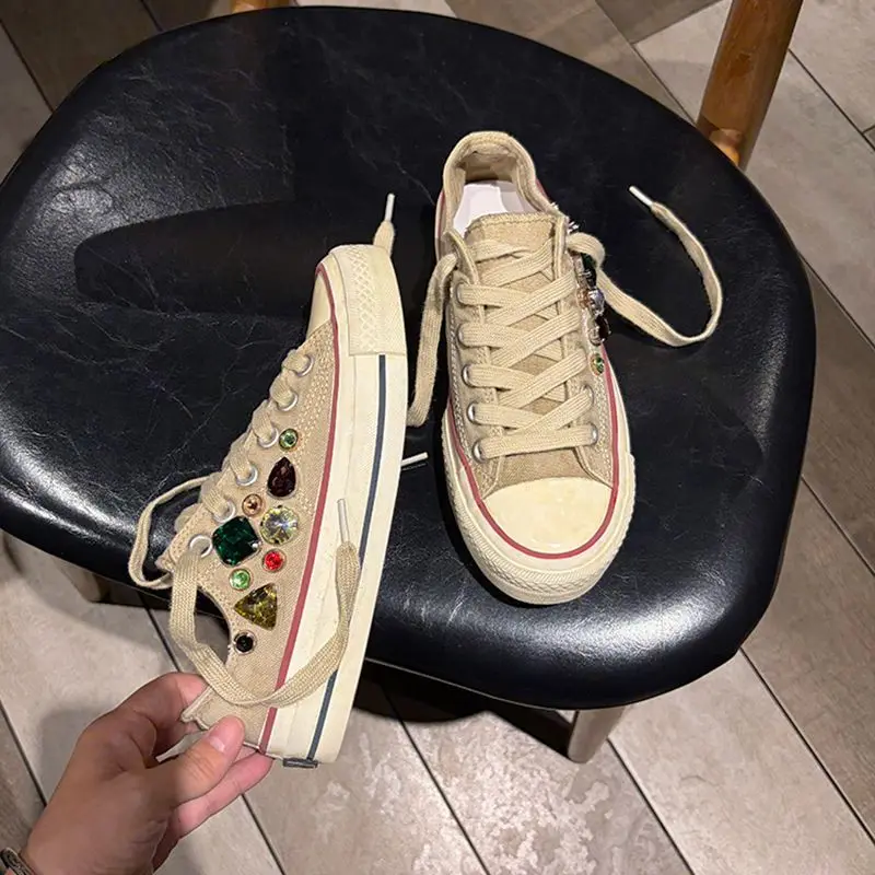 

Women's Well-worn Look Distressed Canvas Low Top Platform Sneakers, Vintage Hong Kong Style Rhinestone Chunky Casual Shoes