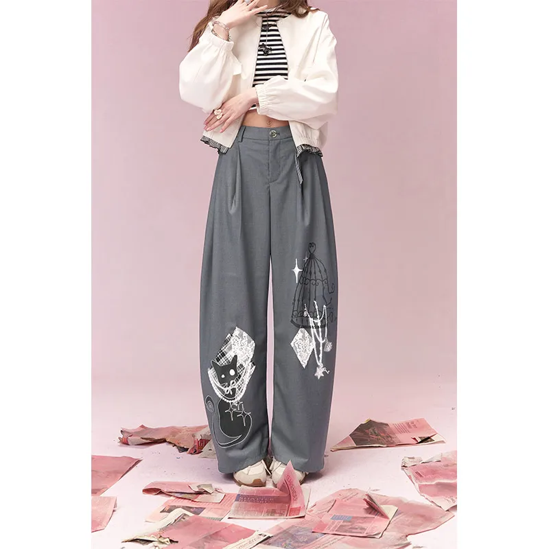 ELFSACK Gothic Print Wide Leg Pants for Women, High Waisted Loose Fit Trousers with Embroidered Cat