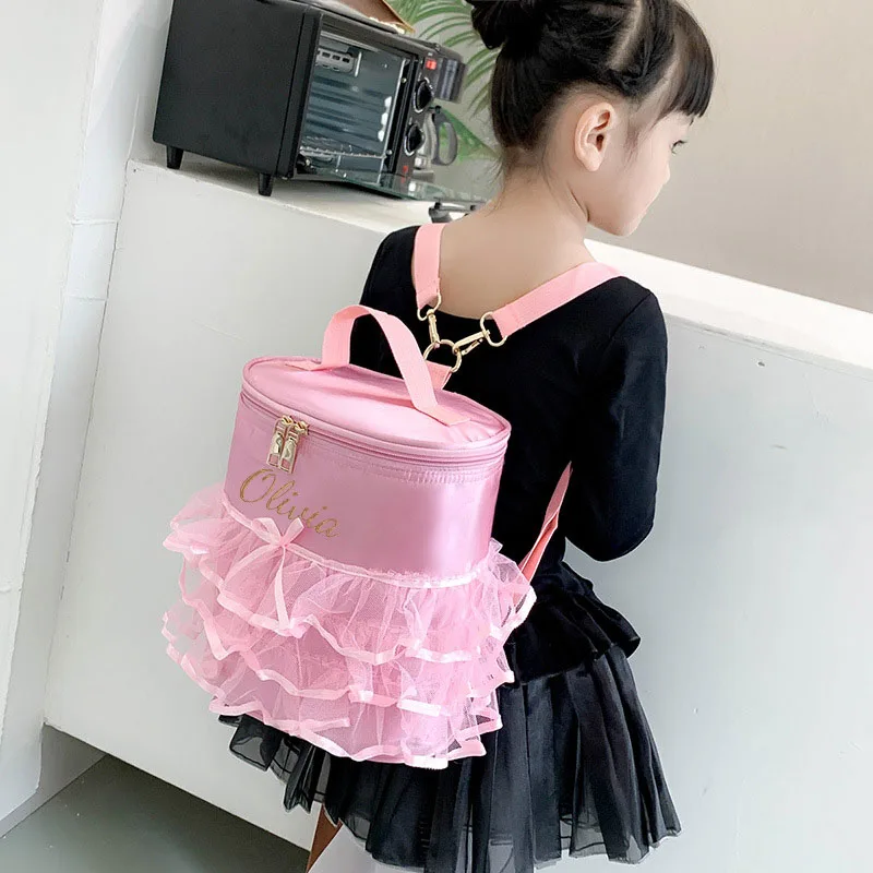 Bolso de hombro de Ballet latino con bordado personalizado para niños, mochila de encaje de gasa con nombre personalizado para niñas pequeñas