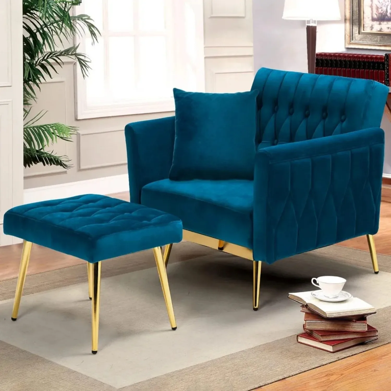 Velvet Accent Chair with Adjustable Armrests and Backrest, Button Tufted Lounge Chair, Single Recliner Armchair，Teal