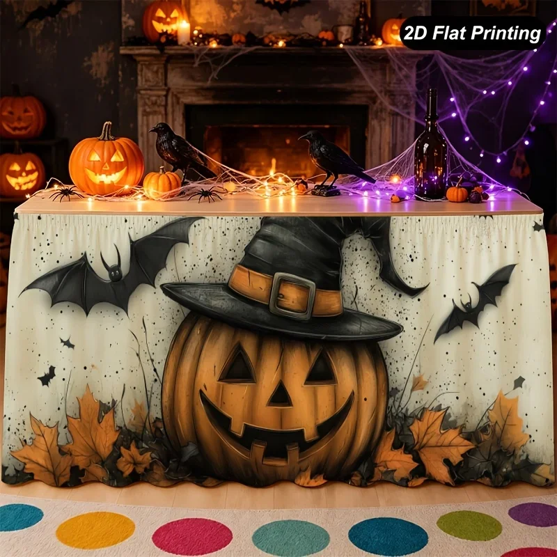 [JIT] 1pc Halloween table skirt, featuring a grin-faced pumpkin bat decoration pattern with a witch's hat, yzb