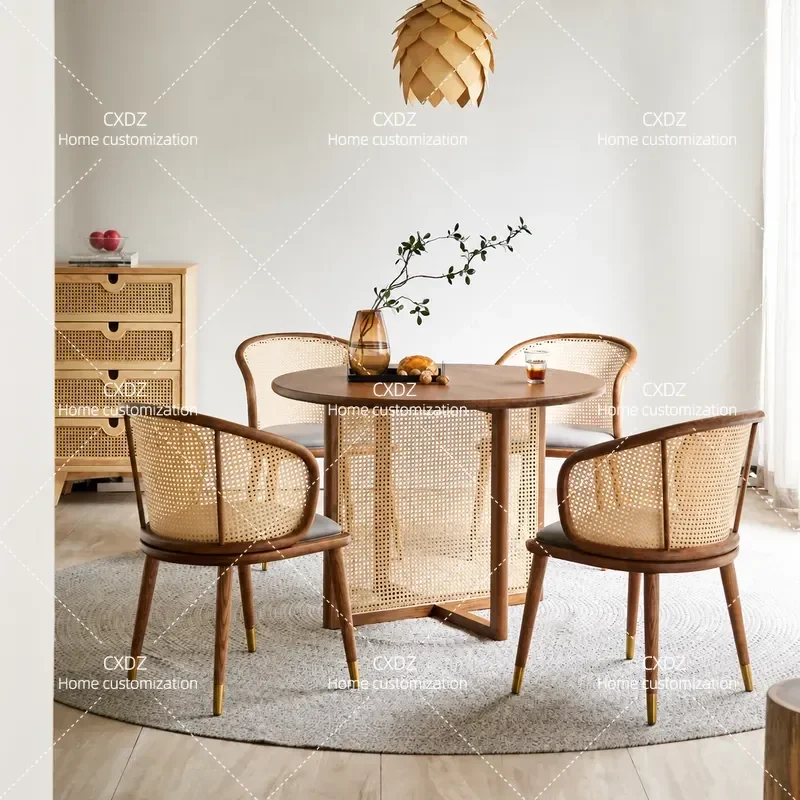 Japanese Rattan Round Table Modern Simple Nordic Solid Wood Dining Table Small Apartment Household Dining Table and Chair Set
