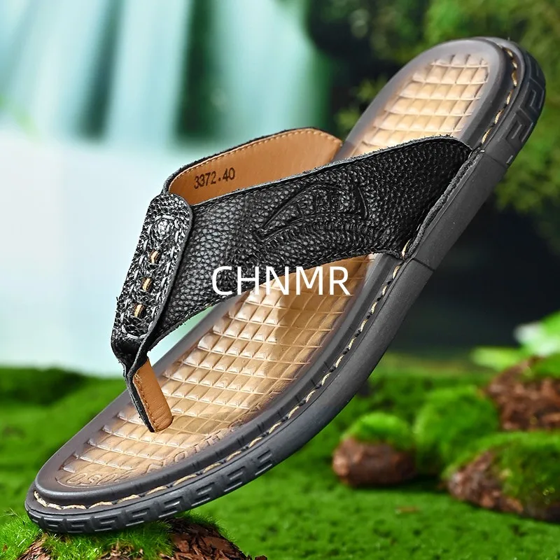 New Slippers for Man Outdoor Korean Summer Trendy Men\'s Flip Flops Beach Casual Fashion  Bathroom Flats Genuine Leather Shoes