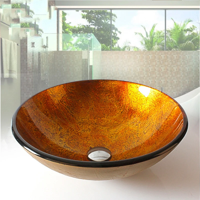 

420*420*145mm Round Glass Sink Luxury Bathroom Washbasin Countertop Art Basin Sample Single Basin with Gold and Silver Foil