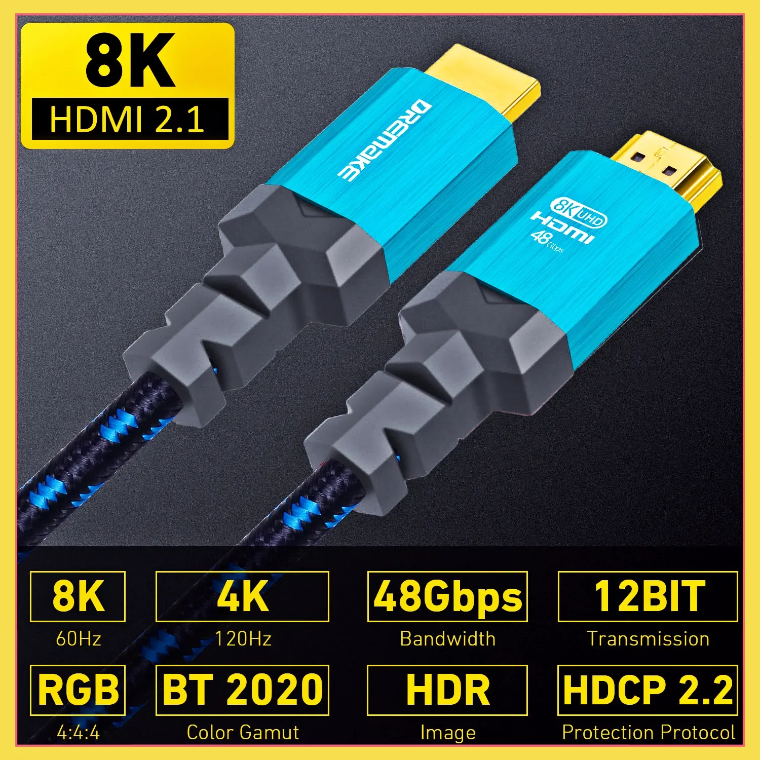 HDMI 8K@60Hz and 4K@120Hz 48Gbps Gold Plated Cable for HDTV Splitter Switcher Display Port To Hdmi Adapter HDMI 2.1 Cable