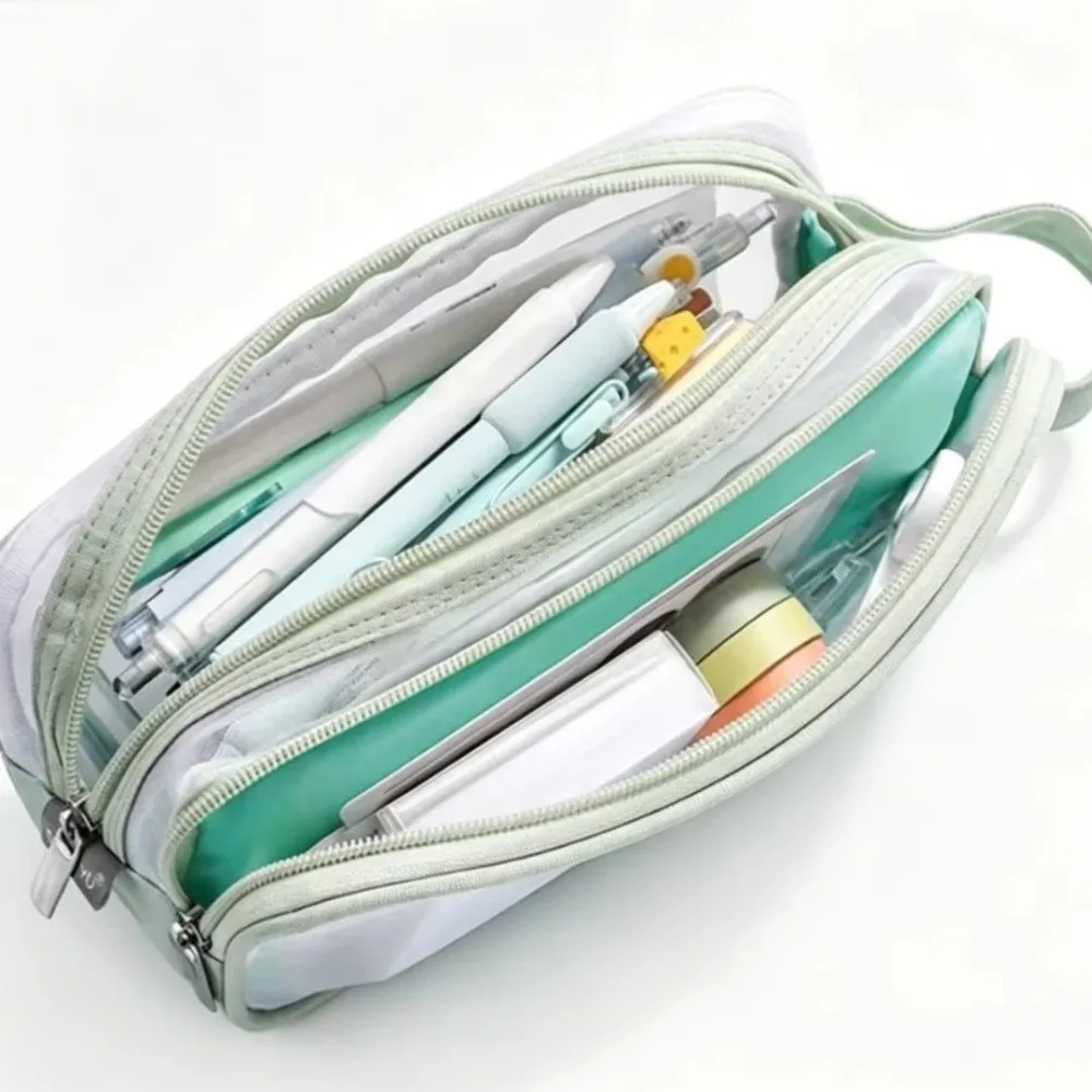 Double Layer Mesh Pencil Case Clear Transparent Portable Design Transparent Pencil Bag Exam Special Edition Minimalist Style
