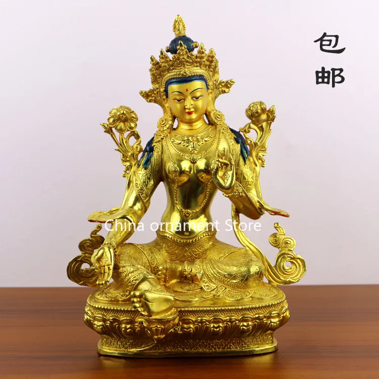 Nepalese pure copper white female Buddha statue gilt green Tara Tibetan tantra home worship Buddha statue ornament