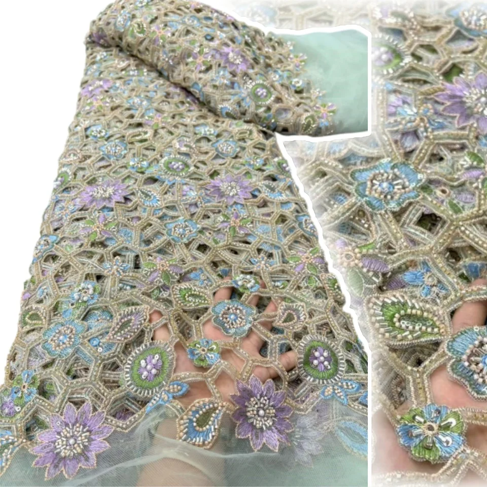 High-End Laser Cut Fabric  African Beads Lace Fabric 2026 High Quality Nigerian Embroidery Lace Fabric for Wedding Sewing 3688