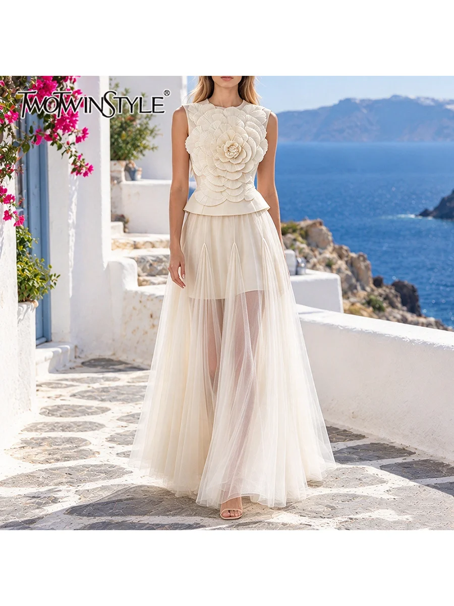 TWOTWINSTYLE 3D Flower Spliced Mesh Slimming Dress for Women Round Neck Sleeveless Patchwork Zipper Pleated Maxi Dresses Female