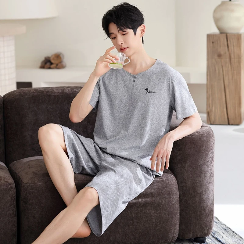 2026 Summer Short Sleeve Cotton Pajama Sets for Men Korean Loose Sleepwear Suit Pyjama Homme Homewear male Lounge Home Clothes