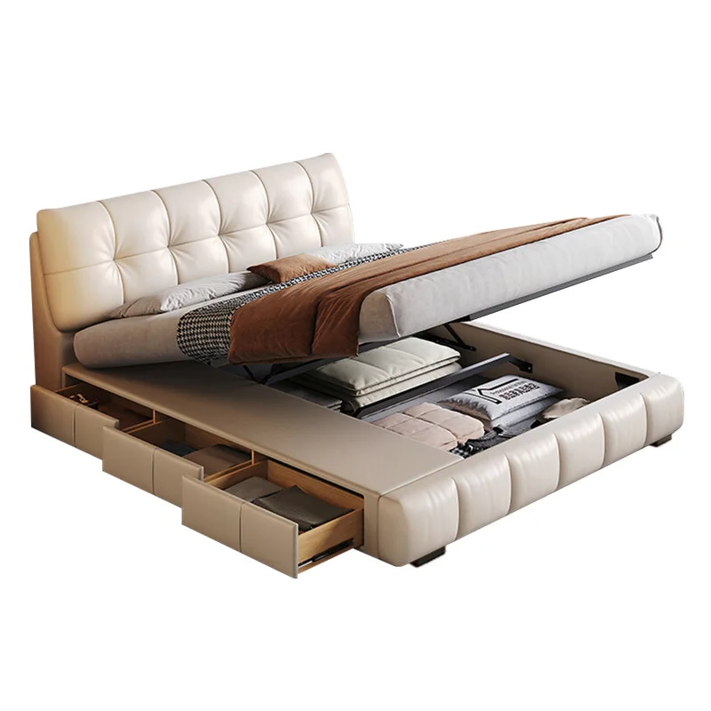 

Cream wind cloud puff leather bed master bedroom minimalist high box with drawers storage