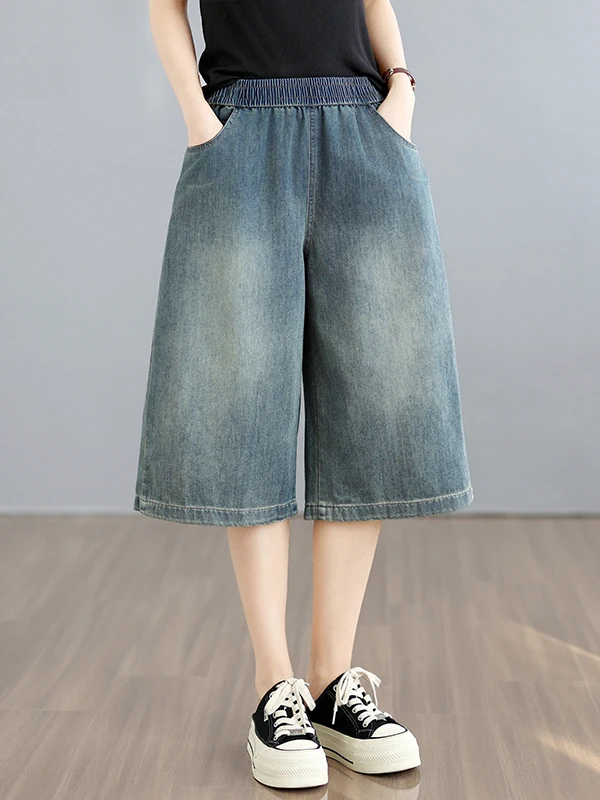 

Retro Faded High Waist Wide Leg Jeans Women's Summer Thin Elastic Waist Slim Straight Seven-Foot Casual Trendy Cotton Blend