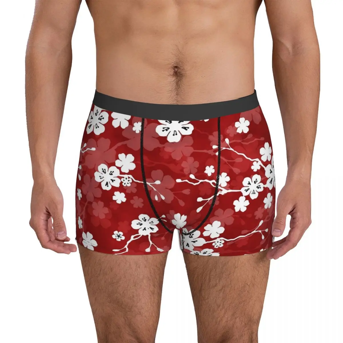 Red And White Floral Underwear Cherry Blossom 3D Pouch High Quality Trunk Print Shorts Briefs Cute Men Underpants Plus Size 2XL