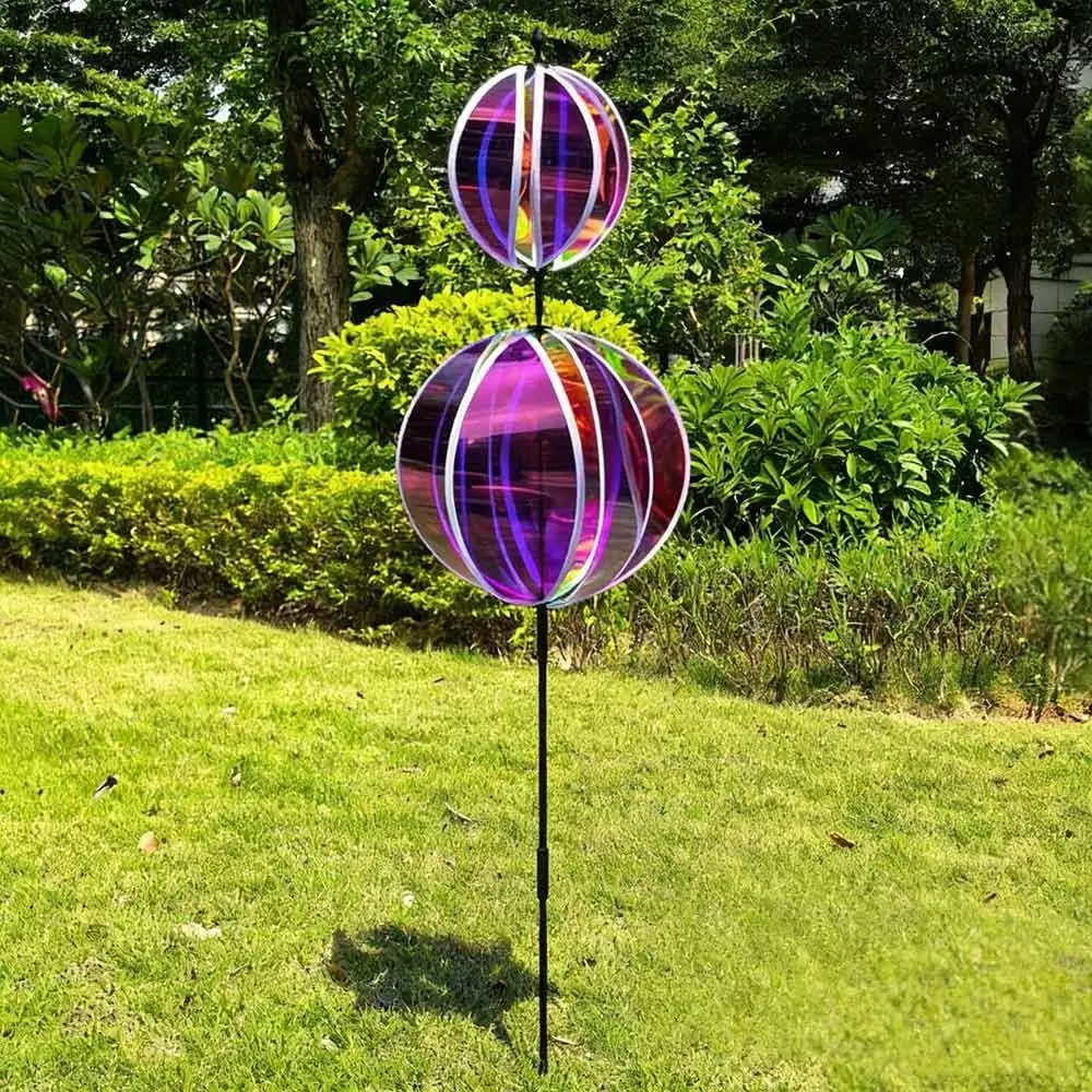 Sparkling Stripe Reflective Garden Pinwheels Rainbow Color With Stakes Windmill Rotating Ball Colorful Film Bird Repellents