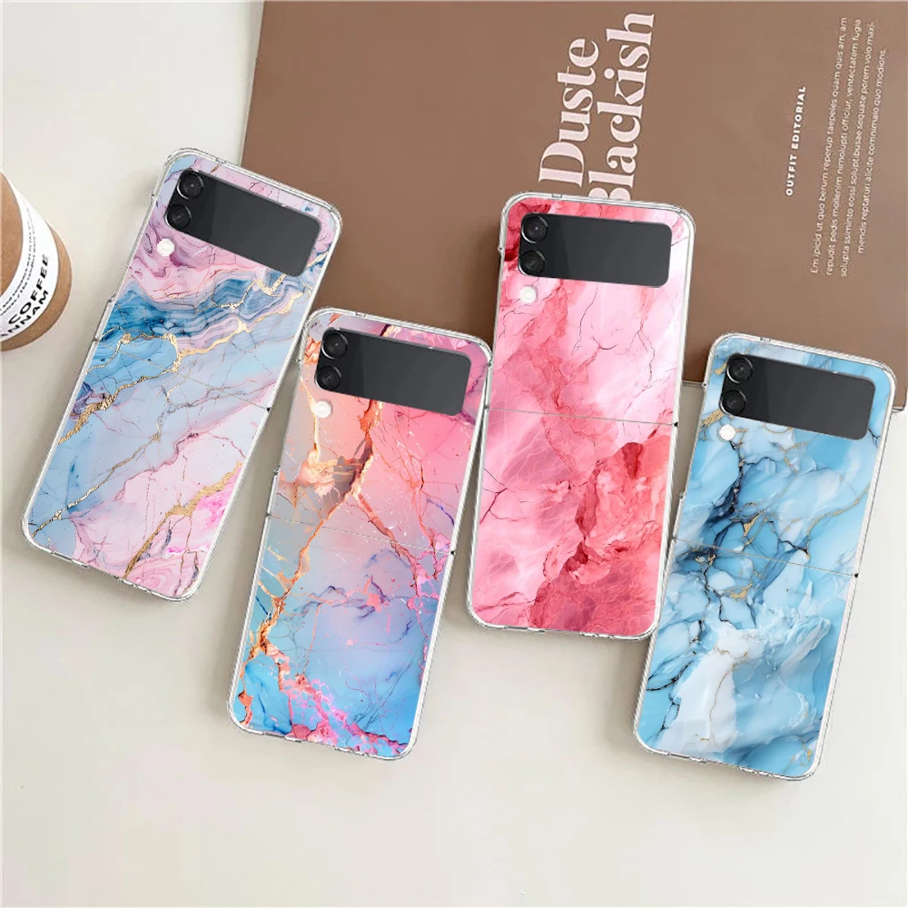 Phone Case For Samsung Galaxy Z Flip 3 4 5 Hard Folding Clear PC Bumper Marble For Samsung Z Flip 6 Back Cover