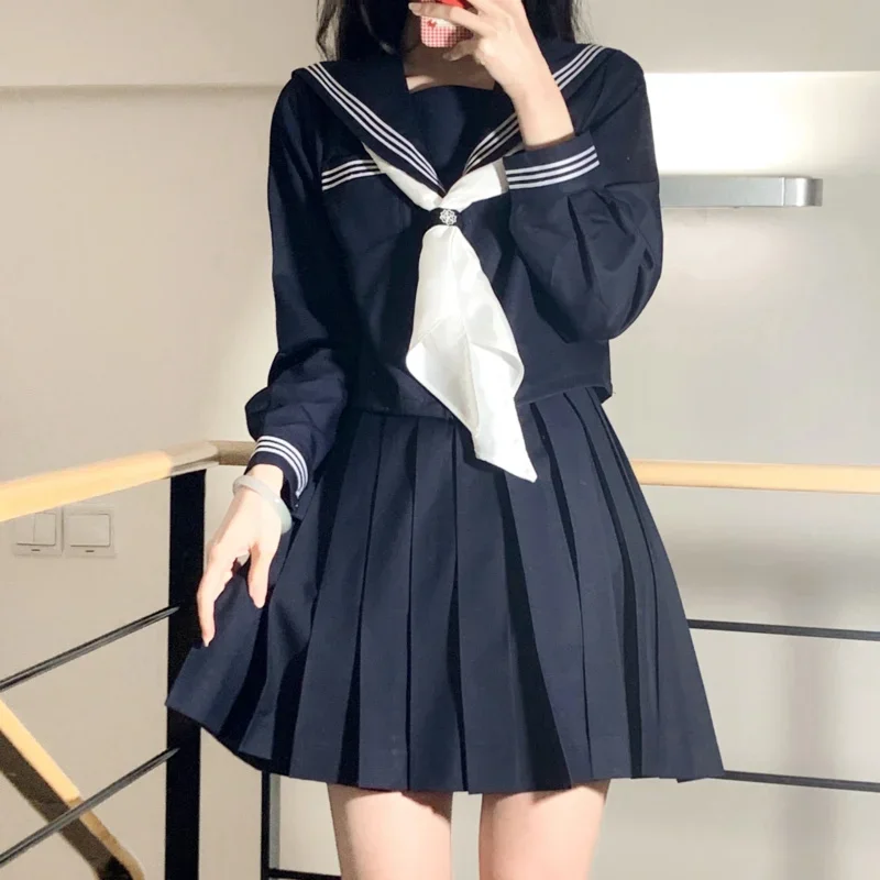 Navy Three Lines Sailor Suit Summer Spring Japanese School Uniform College High School Girls Students Uniforms Pleated Skirt