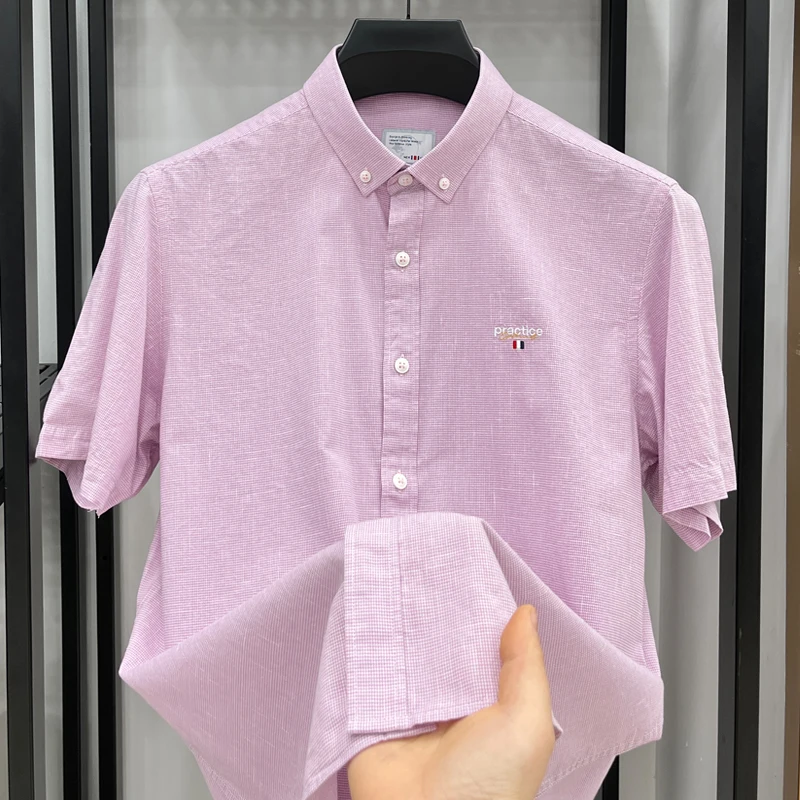 100%Cotton High Grade Men's Shirts Lapel Embroid Plaid European Trend Fashion Casual Versatile Shirt Summer New Trend Menswear