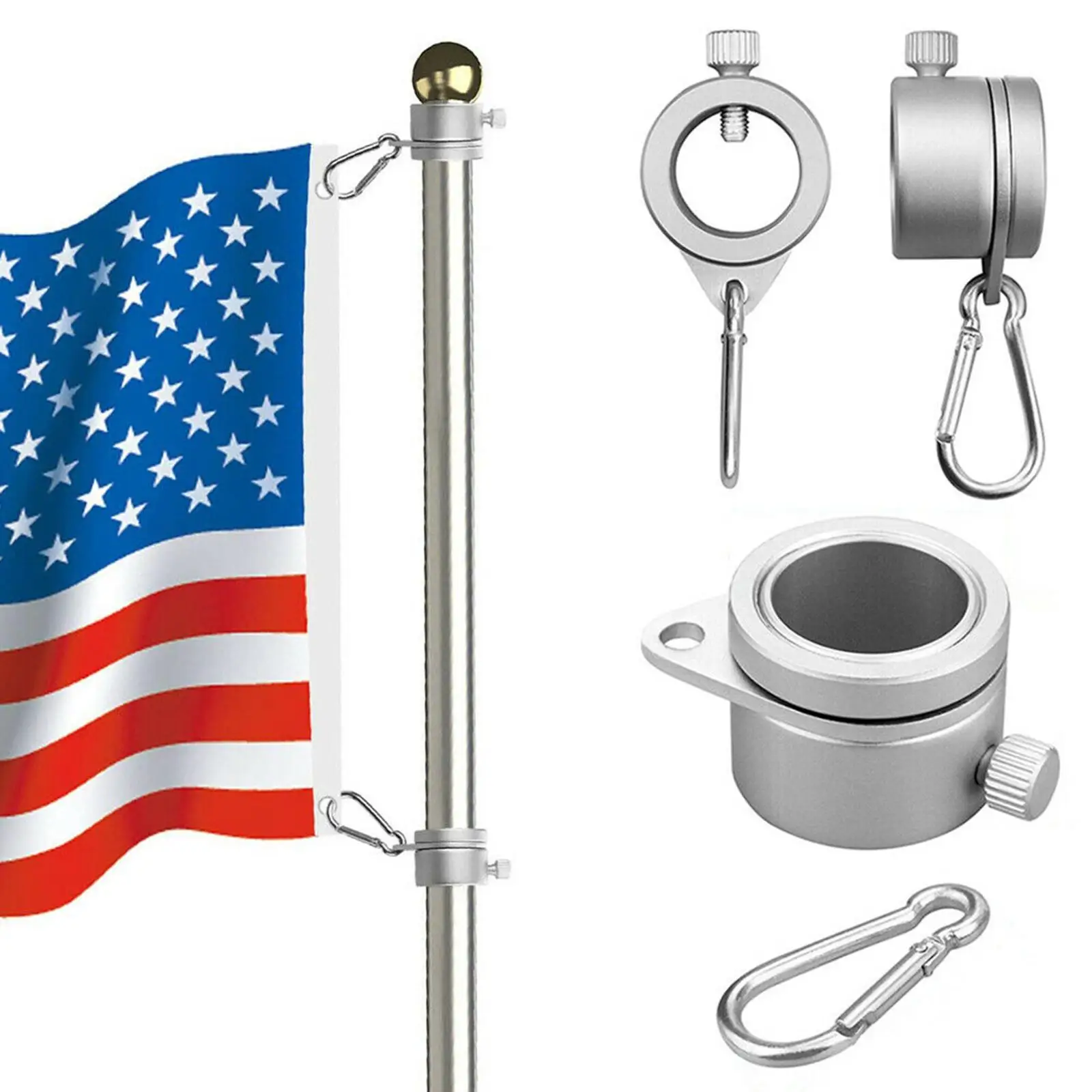 2 Pcs/Set Aluminum Flag Pole Flagpole Rotating Rings Clip Anti Wrap Grommets Mounting Attachment with Carabiner for 1'' Flagpole