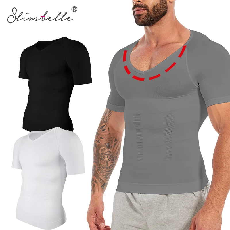 Slimbelle Mens Shapewear Compression Shirt Tummy Control V Neck Short Sleeve Top Waist Trainer Slimming Tee Breathable Fitness