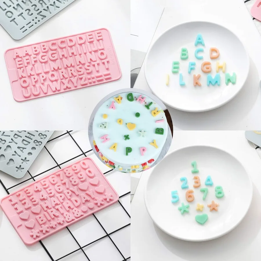 Small Letter Number Silicone Molds Set Candy Chocolate Non-stick Happy Birthday Cake Decorations Baking Mould 2 Pieces Pink