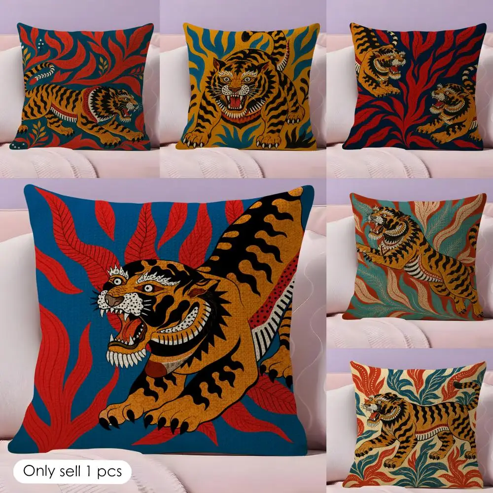 Retro Tiger Cushion Cover Natural Linen Double Sided Print  Throw Pillow Case for Sofa Couch Home Decor