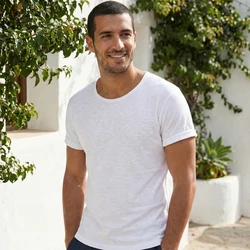 Mens Retro Raw Edge T-Shirt 100% Cotton Lightweight Breathable Slim-fit Monochromatic O-Neck Casual Basic Top Tees