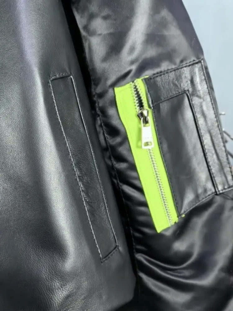 Office Ladies Genuine Leather Mixed Color Zipper Short Jacket Loose Sheepskin Long Sleeves Pocket Elastic Waist Top Quality Coat