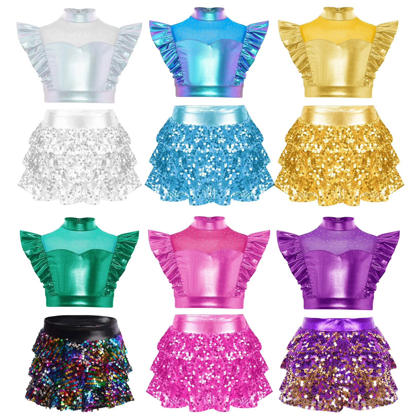Kids Girls Latin Jazz Dance Sets Ballerina Performance Costume Rhinestone Ruffle Crop Top with Sequins Tiered Ruffled Culottes