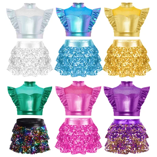 Imagen 2 del producto Conjunto de baile de Jazz Hip-Hop para niñas, conjunto de actuación de porristas, Top corto metálico con diamantes de imitación + culottes de lentejuelas brillantes, conjunto de 2 piezas