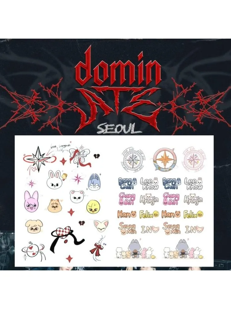 Tour de concert SKZOO Tatouage avec nom dessin animé dessiné à la main pour visage et bras rock