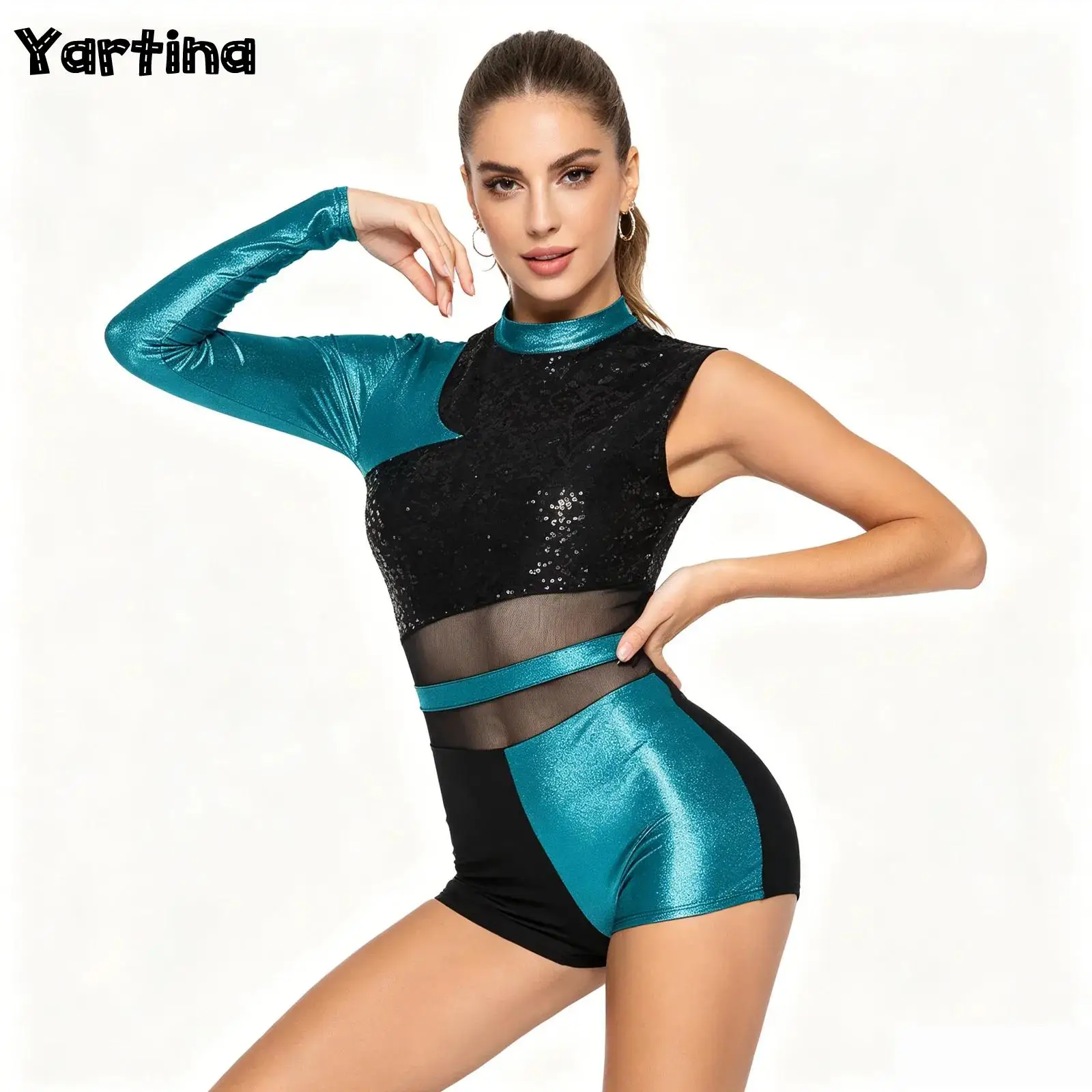 

Womens Glittery Sequins Gymnastics Latin Chacha Ballet Ballroom Dance Leotards Bodysuit Backless Boyshort Performance Costume