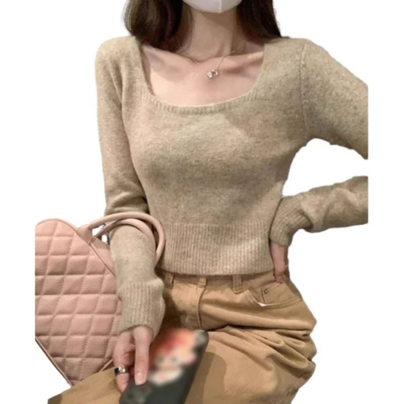 Square Neck Short Soft Sticky Knit Sweater Women Fall Pullover Long Sleeve Tops Peplum Bottom Shirt Women\'s Clothing