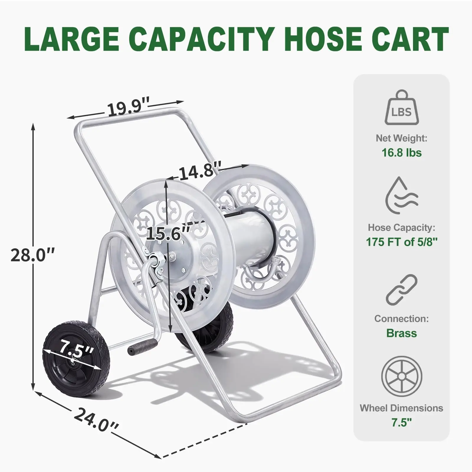 Garden Hose Reel Cart, Heavy Duty, Holds Up to 175 ft, Silver