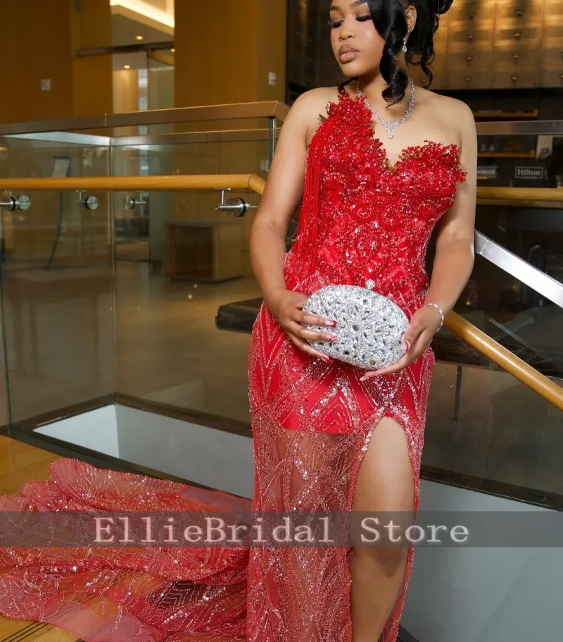 絶妙なセクシーなノースリーブウエディングドレスビーズスパンコールマーメイドスプリット恋人イブニングドレスウェディングパーティードレスカスタマイズ