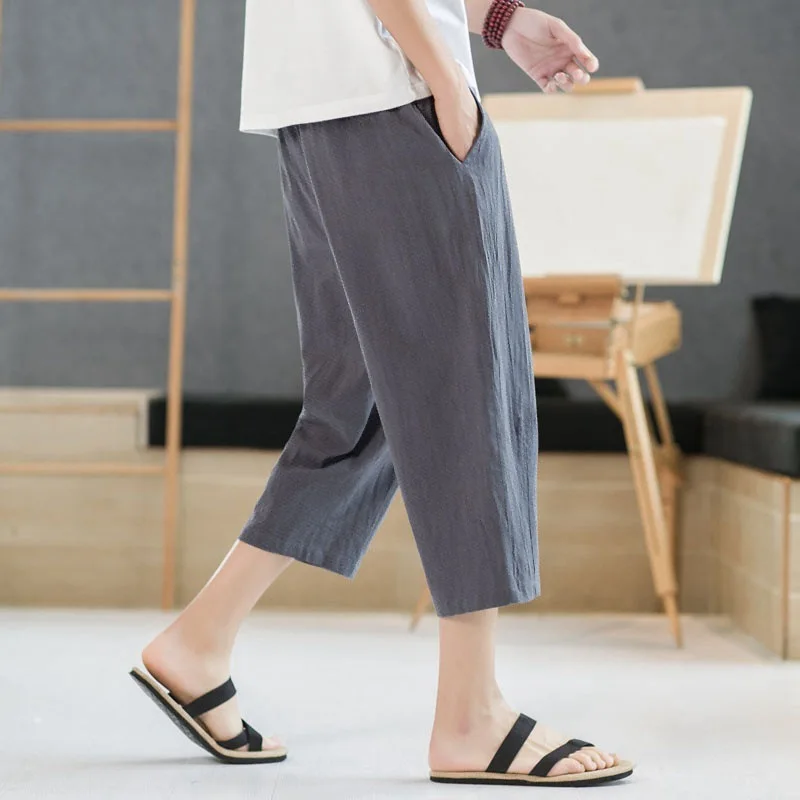 

2025 summer new loose straight tube imitation linen casual pants, thin wide leg men's cropped pants, comfortable and breathable